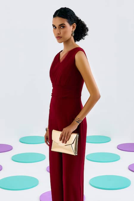 Pleats By Aruni_Maroon Crepe V-neck Solid Hand Pleated Jumpsuit_at_Aza_Fashions