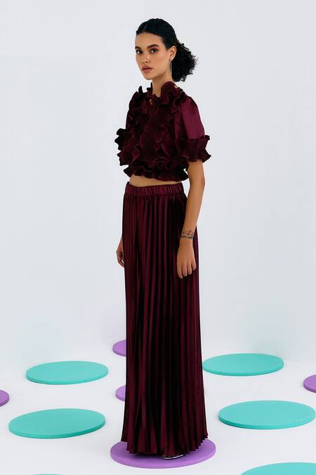 Shop Pleats By Aruni Maroon Crepe, Satin Solid Pleated Sharara at Aza Fashions Shop_Pleats By Aruni_Maroon Crepe, Satin Solid Pleated Sharara_at_Aza_Fashions