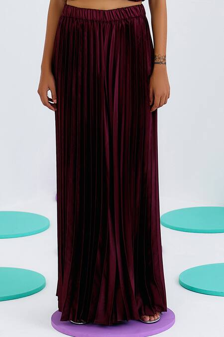 Pleats By Aruni Maroon Crepe, Satin Solid Pleated Sharara Online at Aza Fashions Pleats By Aruni_Maroon Crepe, Satin Solid Pleated Sharara_Online_at_Aza_Fashions
