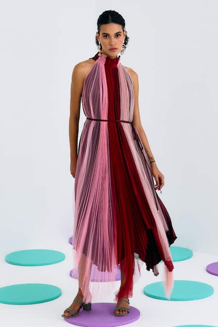 Pleats By Aruni_Multi Color Crepe, Satin Halter Neck Solid Pleated Dress_Online_at_Aza_Fashions