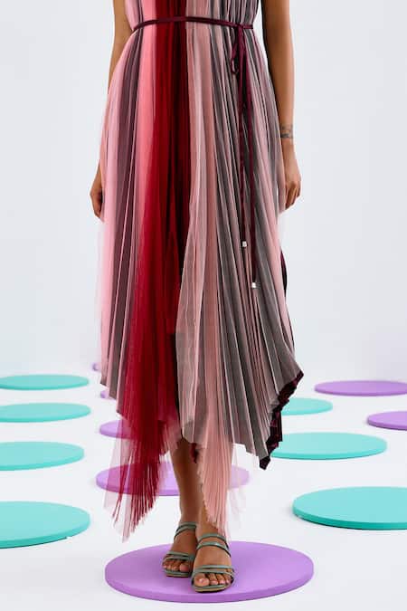 Buy_Pleats By Aruni_Multi Color Crepe, Satin Halter Neck Solid Pleated Dress_Online_at_Aza_Fashions