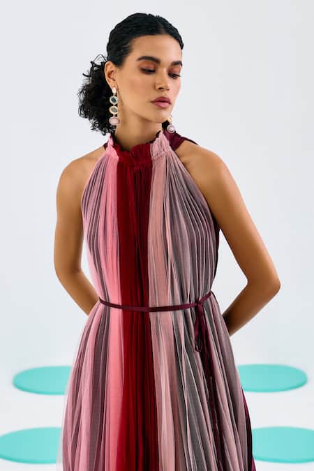 Shop_Pleats By Aruni_Multi Color Crepe, Satin Halter Neck Solid Pleated Dress_Online_at_Aza_Fashions