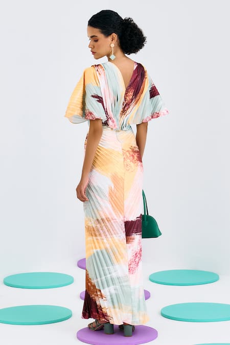 Shop Pleats By Aruni Multi Color Crepe, Satin V-neck Pleated Abstract Print Gown at Aza Fashions Shop_Pleats By Aruni_Multi Color Crepe, Satin V-neck Pleated Abstract Print Gown_at_Aza_Fashions