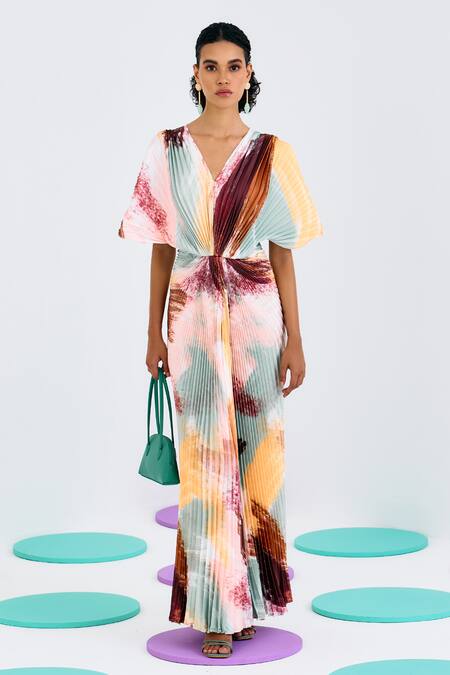 Pleats By Aruni Multi Color Crepe, Satin V-neck Pleated Abstract Print Gown Online at Aza Fashions Pleats By Aruni_Multi Color Crepe, Satin V-neck Pleated Abstract Print Gown_Online_at_Aza_Fashions