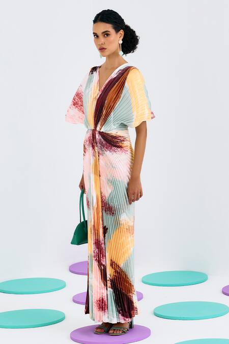 Buy Pleats By Aruni Multi Color Crepe, Satin V-neck Pleated Abstract Print Gown Online at Aza Fashions Buy_Pleats By Aruni_Multi Color Crepe, Satin V-neck Pleated Abstract Print Gown_Online_at_Aza_Fashions