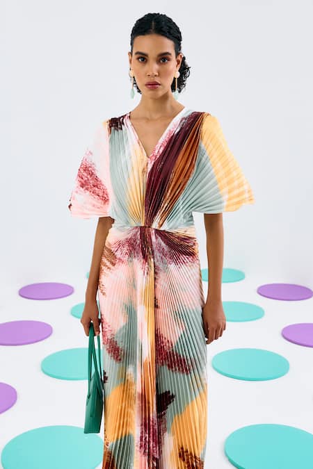 Shop Pleats By Aruni Multi Color Crepe, Satin V-neck Pleated Abstract Print Gown Online at Aza Fashions Shop_Pleats By Aruni_Multi Color Crepe, Satin V-neck Pleated Abstract Print Gown_Online_at_Aza_Fashions
