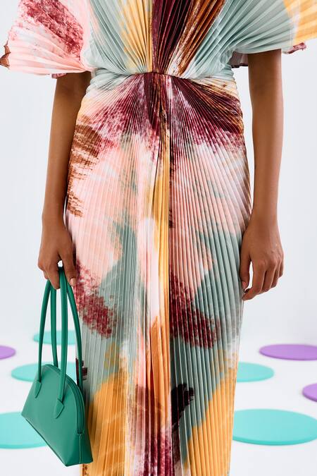 Pleats By Aruni Multi Color Crepe, Satin V-neck Pleated Abstract Print Gown at Aza Fashions Pleats By Aruni_Multi Color Crepe, Satin V-neck Pleated Abstract Print Gown_at_Aza_Fashions