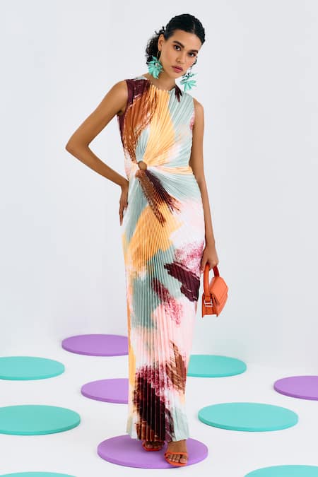 Pleats By Aruni Abstract Print Pleated Dress 
