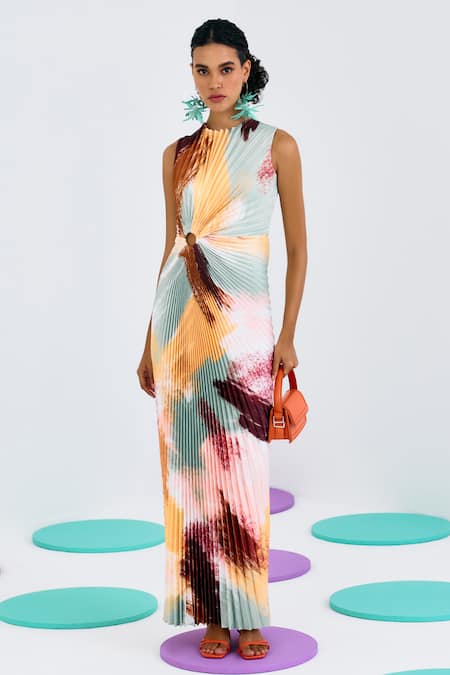 Pleats By Aruni_Multi Color Crepe, Satin Round Neck Abstract Print Pleated Dress_Online_at_Aza_Fashions