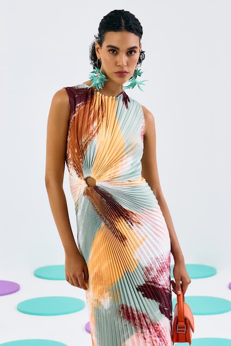 Buy_Pleats By Aruni_Multi Color Crepe, Satin Round Neck Abstract Print Pleated Dress_Online_at_Aza_Fashions