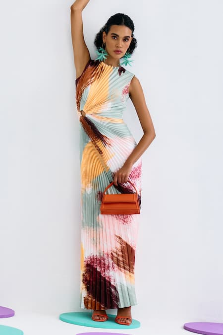 Pleats By Aruni_Multi Color Crepe, Satin Round Neck Abstract Print Pleated Dress_at_Aza_Fashions