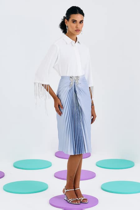Buy Pleats By Aruni Blue Crepe Rhinestones Solid Pleated And Draped Skirt Online at Aza Fashions Buy_Pleats By Aruni_Blue Crepe Rhinestones Solid Pleated And Draped Skirt_Online_at_Aza_Fashions