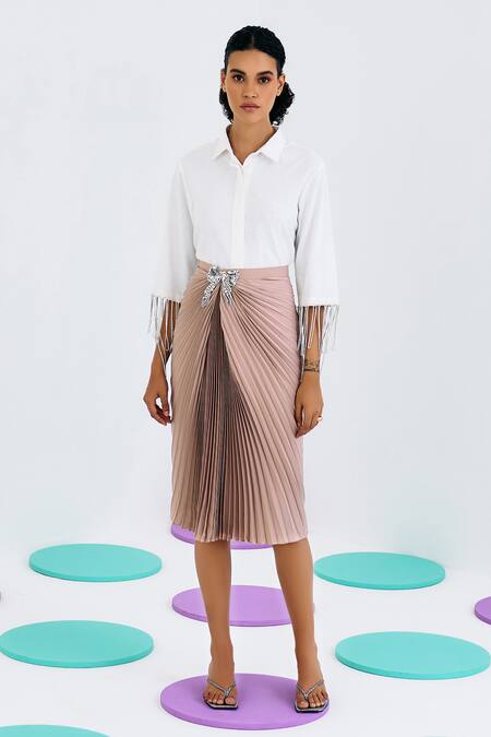 Pleats By Aruni Beige Crepe Rhinestones Pleated And Draped Skirt Online at Aza Fashions Pleats By Aruni_Beige Crepe Rhinestones Pleated And Draped Skirt_Online_at_Aza_Fashions