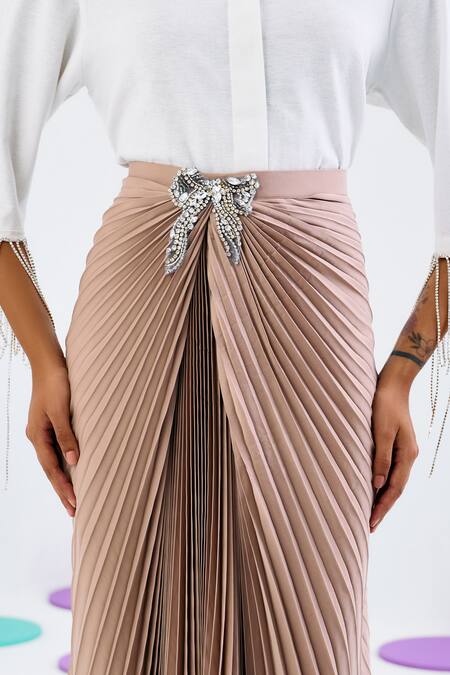 Buy Pleats By Aruni Beige Crepe Rhinestones Pleated And Draped Skirt Online at Aza Fashions Buy_Pleats By Aruni_Beige Crepe Rhinestones Pleated And Draped Skirt_Online_at_Aza_Fashions