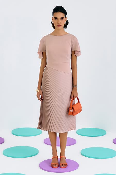 Pleats By Aruni_Beige Crepe Brooches Boat Neck Pleated Midi Dress_Online_at_Aza_Fashions