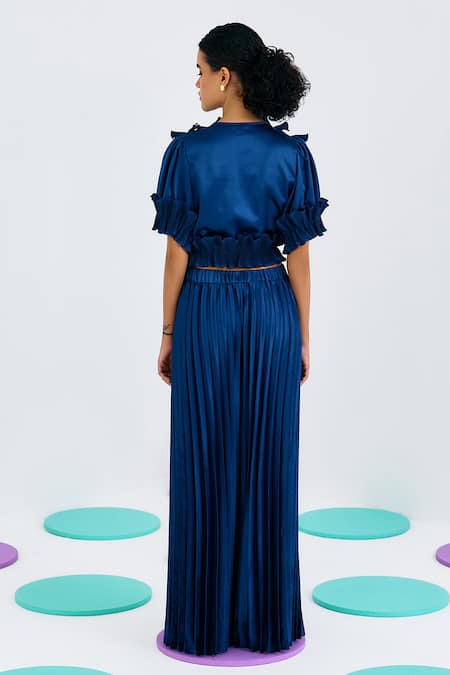 Shop Pleats By Aruni Blue Crepe, Satin V-neck Frilled Pleated Top at Aza Fashions Shop_Pleats By Aruni_Blue Crepe, Satin V-neck Frilled Pleated Top _at_Aza_Fashions