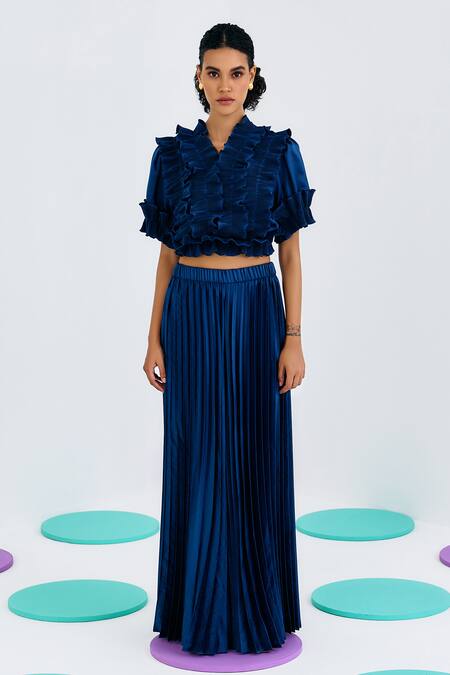 Pleats By Aruni Blue Crepe, Satin V-neck Frilled Pleated Top Online at Aza Fashions Pleats By Aruni_Blue Crepe, Satin V-neck Frilled Pleated Top _Online_at_Aza_Fashions