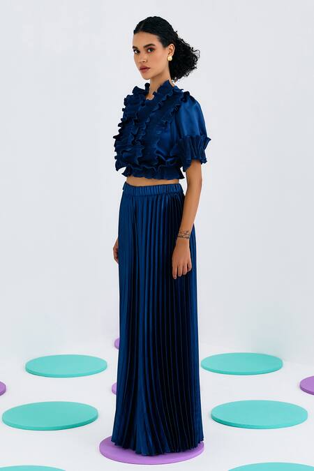 Buy Pleats By Aruni Blue Crepe, Satin V-neck Frilled Pleated Top Online at Aza Fashions Buy_Pleats By Aruni_Blue Crepe, Satin V-neck Frilled Pleated Top _Online_at_Aza_Fashions