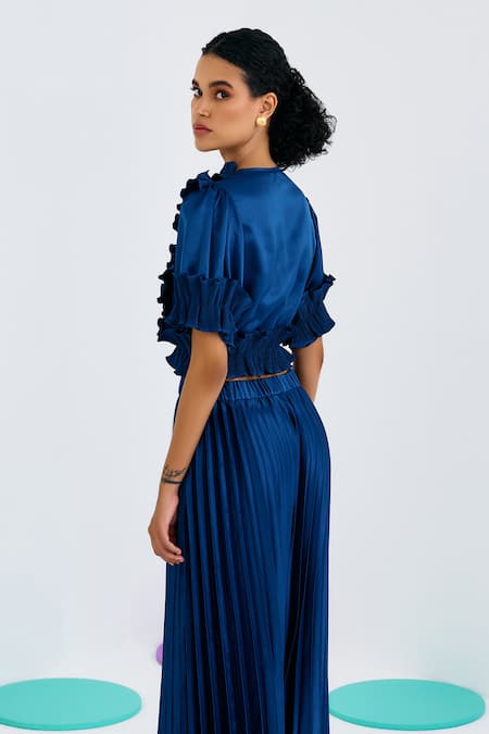 Shop Pleats By Aruni Blue Crepe, Satin V-neck Frilled Pleated Top Online at Aza Fashions Shop_Pleats By Aruni_Blue Crepe, Satin V-neck Frilled Pleated Top _Online_at_Aza_Fashions