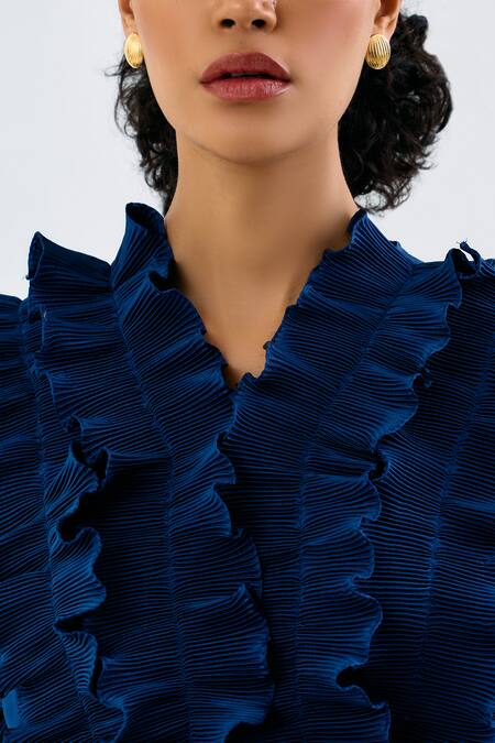 Pleats By Aruni Blue Crepe, Satin V-neck Frilled Pleated Top at Aza Fashions Pleats By Aruni_Blue Crepe, Satin V-neck Frilled Pleated Top _at_Aza_Fashions