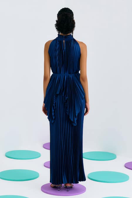 Shop Pleats By Aruni Blue Crepe, Satin Halter Neck Pleated Top at Aza Fashions Shop_Pleats By Aruni_Blue Crepe, Satin Halter Neck Pleated Top_at_Aza_Fashions