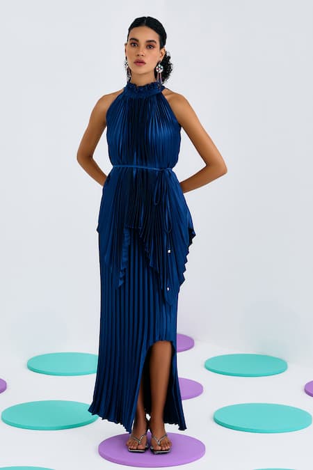Pleats By Aruni Blue Crepe, Satin Halter Neck Pleated Top Online at Aza Fashions Pleats By Aruni_Blue Crepe, Satin Halter Neck Pleated Top_Online_at_Aza_Fashions