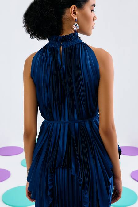 Shop Pleats By Aruni Blue Crepe, Satin Halter Neck Pleated Top Online at Aza Fashions Shop_Pleats By Aruni_Blue Crepe, Satin Halter Neck Pleated Top_Online_at_Aza_Fashions