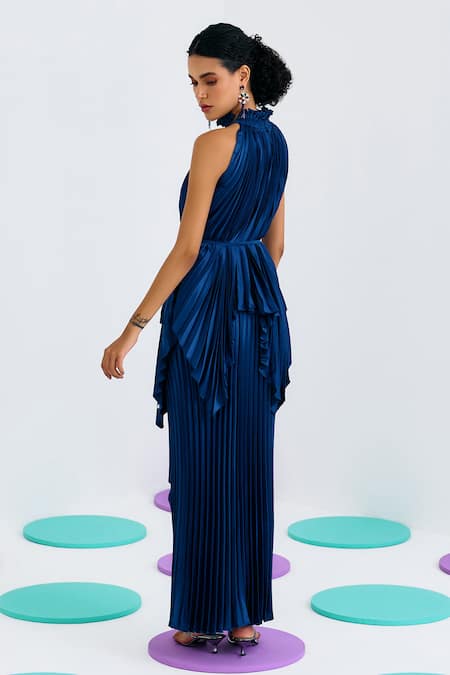 Pleats By Aruni Blue Crepe, Satin Halter Neck Pleated Top at Aza Fashions Pleats By Aruni_Blue Crepe, Satin Halter Neck Pleated Top_at_Aza_Fashions