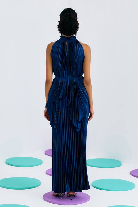 Shop_Pleats By Aruni_Blue Crepe Pleated Mermaid Skirt _at_Aza_Fashions