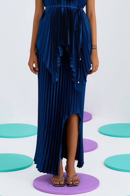 Pleats By Aruni_Blue Crepe Pleated Mermaid Skirt _Online_at_Aza_Fashions