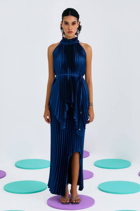 Buy_Pleats By Aruni_Blue Crepe Pleated Mermaid Skirt _Online_at_Aza_Fashions