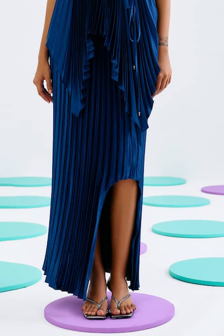 Shop_Pleats By Aruni_Blue Crepe Pleated Mermaid Skirt _Online_at_Aza_Fashions