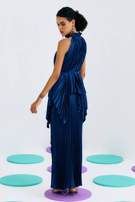 Pleats By Aruni_Blue Crepe Pleated Mermaid Skirt _at_Aza_Fashions