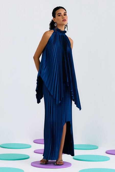 Buy_Pleats By Aruni_Blue Crepe Pleated Mermaid Skirt 