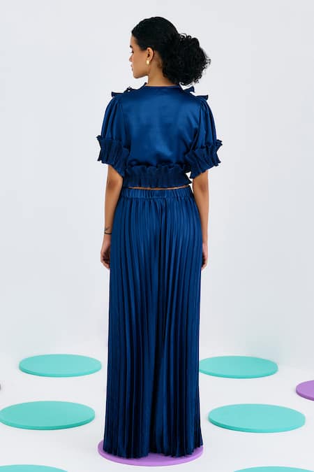 Shop_Pleats By Aruni_Blue Crepe Satin Pleated Sharara Pant _at_Aza_Fashions