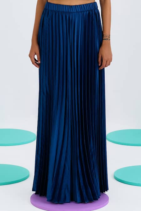 Pleats By Aruni_Blue Crepe Satin Pleated Sharara Pant _Online_at_Aza_Fashions