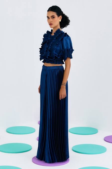 Buy_Pleats By Aruni_Blue Crepe Satin Pleated Sharara Pant _Online_at_Aza_Fashions