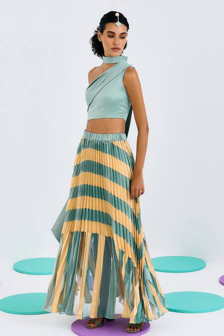 Pleats By Aruni_Green Crepe, Satin, Net Color Blocked Pleated Skirt_Online_at_Aza_Fashions
