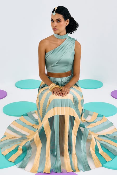 Buy_Pleats By Aruni_Green Crepe, Satin, Net Color Blocked Pleated Skirt_Online_at_Aza_Fashions