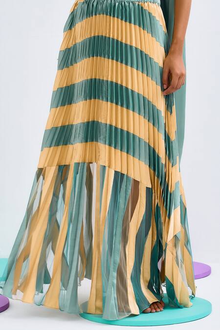 Shop_Pleats By Aruni_Green Crepe, Satin, Net Color Blocked Pleated Skirt_Online_at_Aza_Fashions