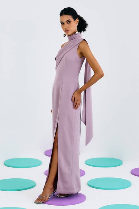 Pleats By Aruni_Purple Crepe One Shoulder Pleated Gown_Online_at_Aza_Fashions