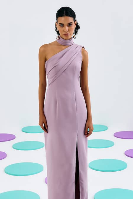 Buy_Pleats By Aruni_Purple Crepe One Shoulder Pleated Gown_Online_at_Aza_Fashions
