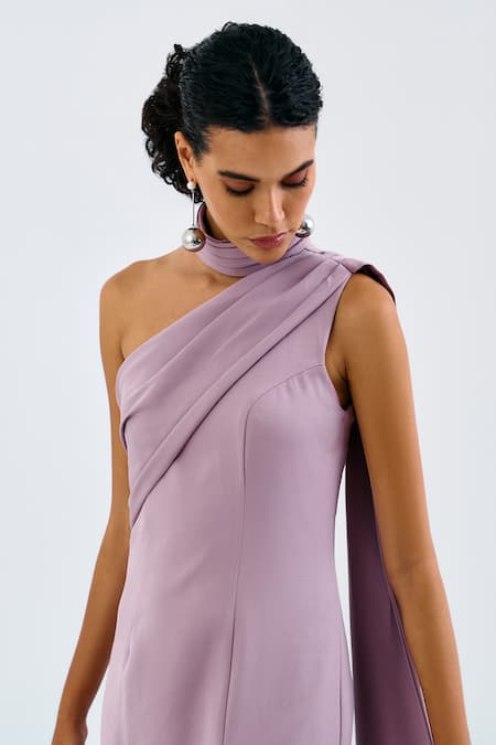 Shop_Pleats By Aruni_Purple Crepe One Shoulder Pleated Gown_Online_at_Aza_Fashions