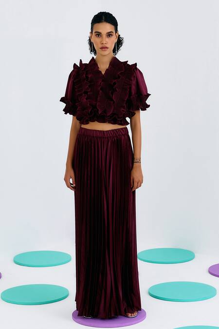 Pleats By Aruni_Maroon Crepe, Satin V-neck Balloon Sleeve Frill Pleated Top_Online_at_Aza_Fashions