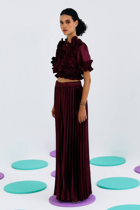 Buy_Pleats By Aruni_Maroon Crepe, Satin V-neck Balloon Sleeve Frill Pleated Top_Online_at_Aza_Fashions