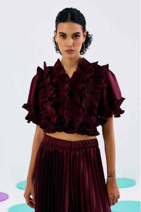 Shop_Pleats By Aruni_Maroon Crepe, Satin V-neck Balloon Sleeve Frill Pleated Top_Online_at_Aza_Fashions