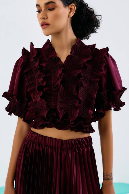 Pleats By Aruni_Maroon Crepe, Satin V-neck Balloon Sleeve Frill Pleated Top_at_Aza_Fashions
