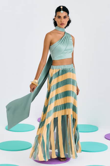Pleats By Aruni_Green Crepe, Satin, Net Color Blocked Pleated Skirt_at_Aza_Fashions
