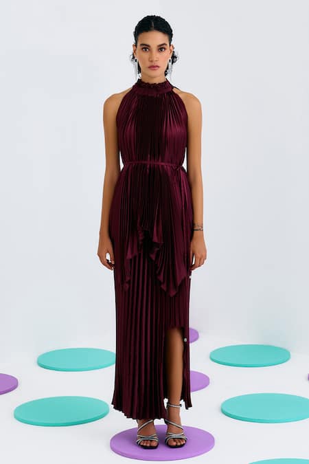 Pleats By Aruni Maroon Crepe, Satin Solid Pleated Mermaid Skirt Online at Aza Fashions Pleats By Aruni_Maroon Crepe, Satin Solid Pleated Mermaid Skirt_Online_at_Aza_Fashions