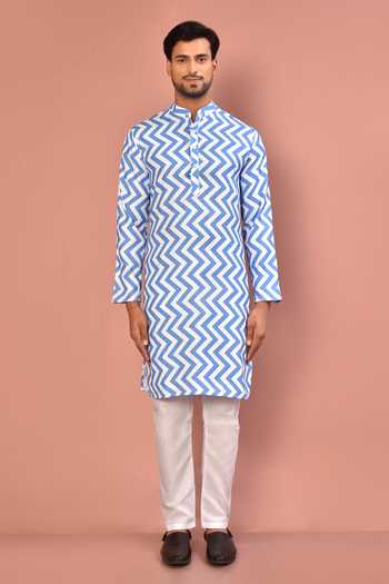 Shop_Arihant Rai Sinha_Blue Cotton Blend Print Chevron Kurta With Pyjama_Online_at_Aza_Fashions